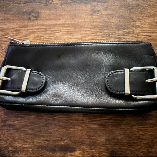 Banana Republic Black Leather Clutch Wristlet with Silver Buckles